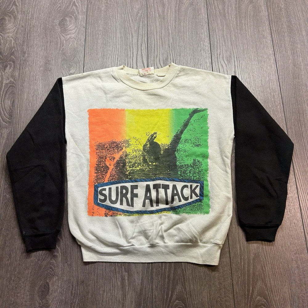 Vintage 80s Newline Surf Attack Sweatshirt Kids Large White Black Rasta Graphic